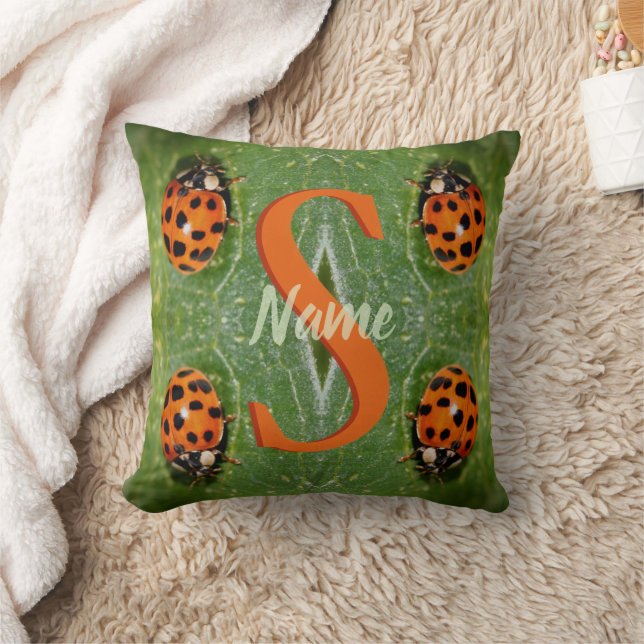 Custom Monogram Initial Name Ladybug Art Throw Pillow (Blanket)