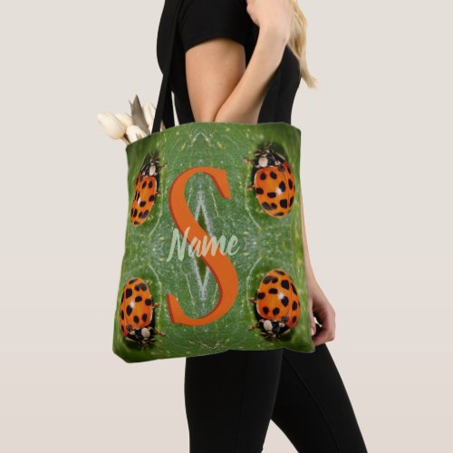Custom Monogram Initial Name Ladybug Art Tote Bag