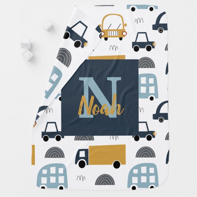 Custom Monogram Initial & Name on Car Pattern Baby Blanket (In Situ)
