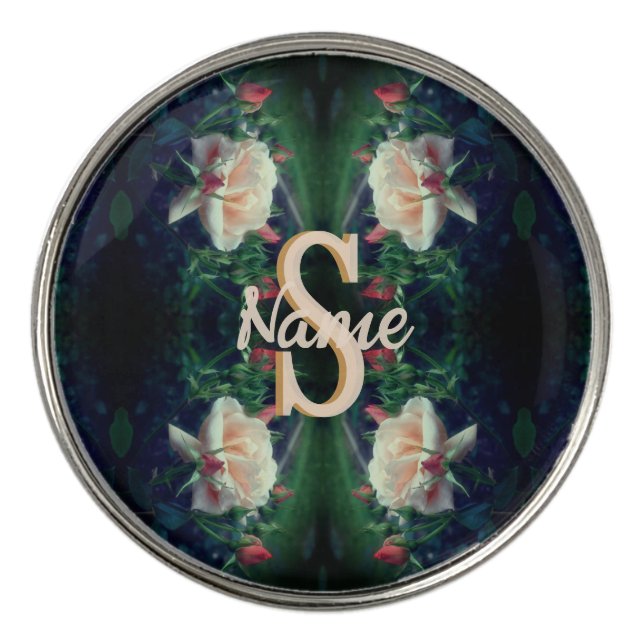 Custom Monogram Initial Name Peach Rose Golf Ball Marker (Front)