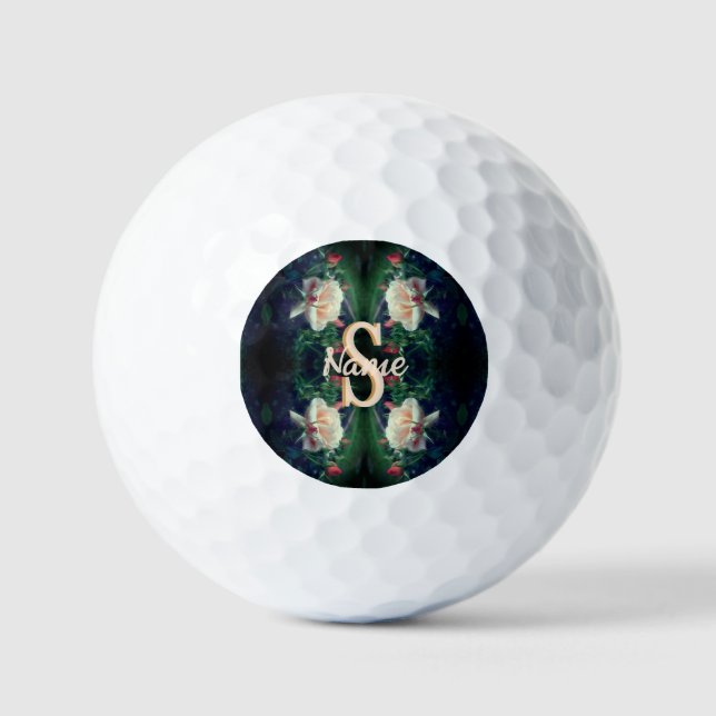 Custom Monogram Initial Name Peach Rose Golf Balls (Front)