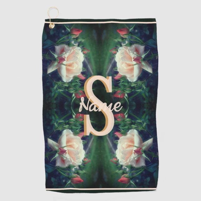 Custom Monogram Initial Name Peach Rose Golf Towel (Front)