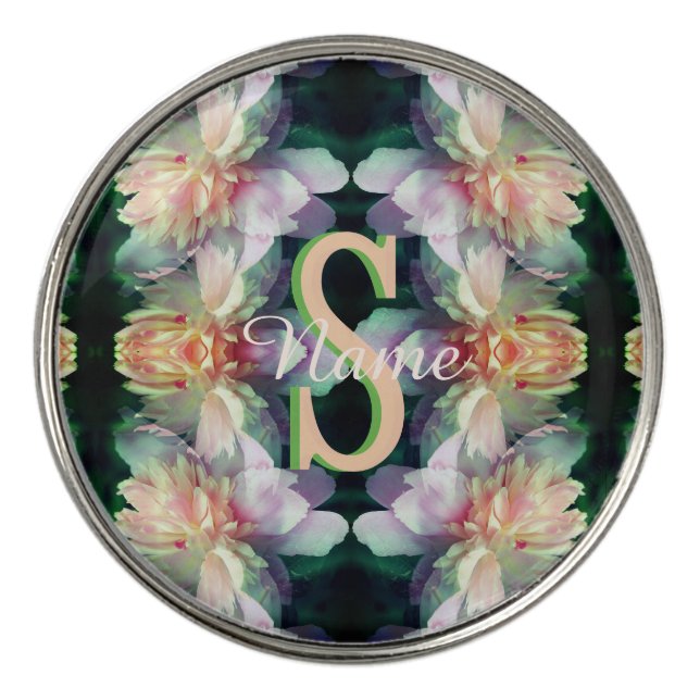 Custom Monogram Initial Name Peony Art Golf Ball Marker (Front)