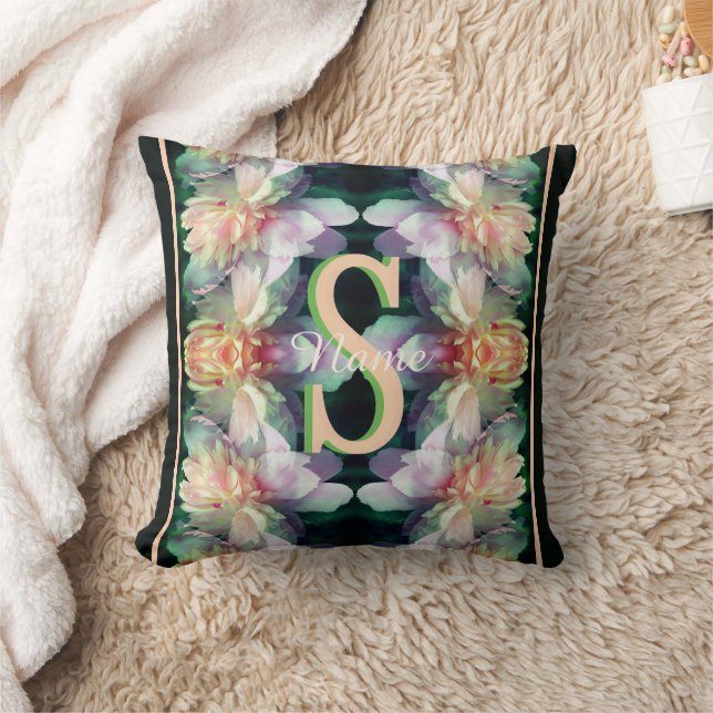 Custom Monogram Initial Name Peony Art Throw Pillow (Blanket)