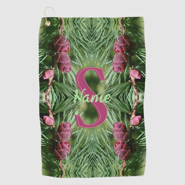 Custom Monogram Initial Name Pinecones Nature Art Golf Towel (Front)