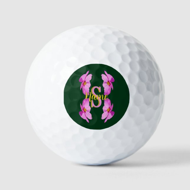 Custom Monogram Initial Name Pink Cosmos Golf Balls (Front)