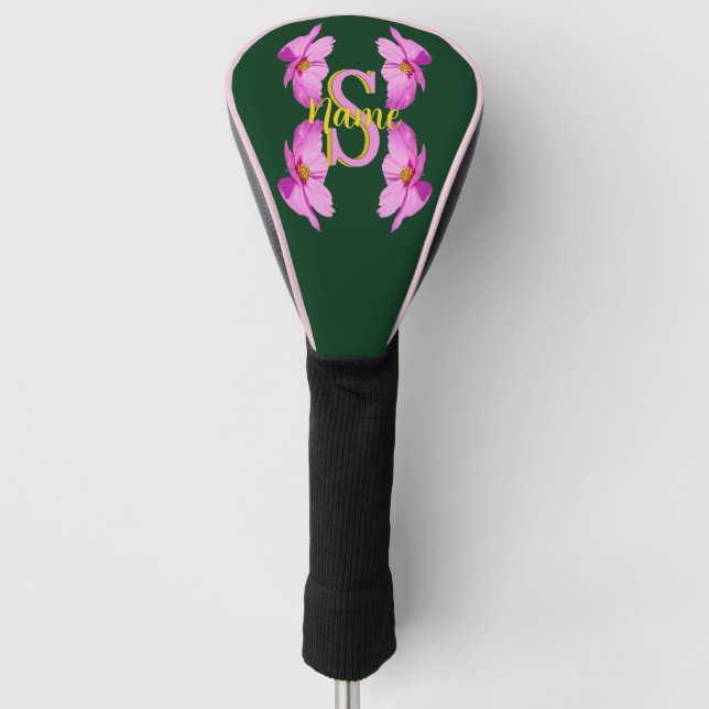 Custom Monogram Initial Name Pink Cosmos Golf Head Cover (Front)