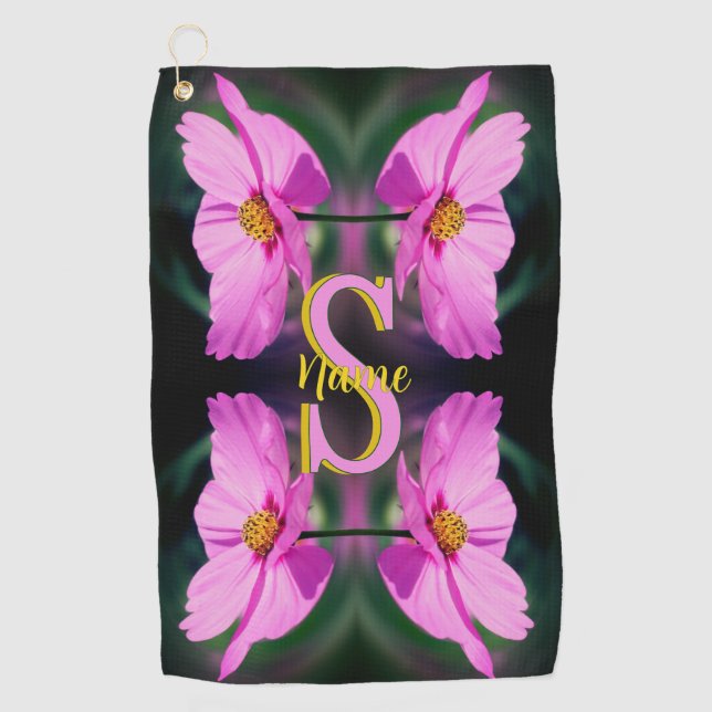 Custom Monogram Initial Name Pink Cosmos Golf Towel (Front)