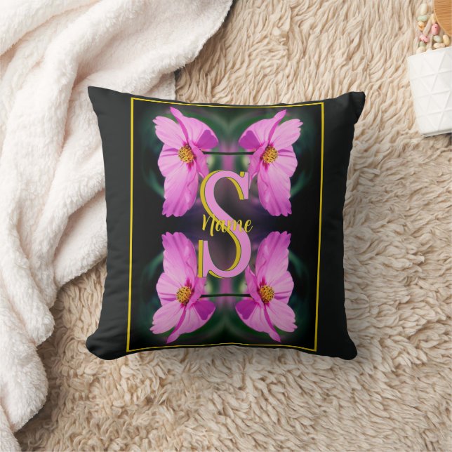 Custom Monogram Initial Name Pink Cosmos Throw Pillow (Blanket)