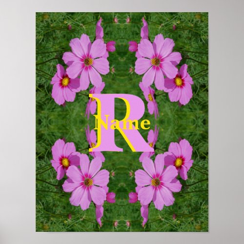 Custom Monogram Initial Name Pink Daisy Art Poster