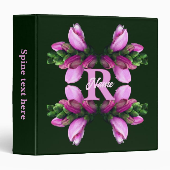 Custom Monogram Initial Name Pink Flower Art 3 Ring Binder (Front/Spine)