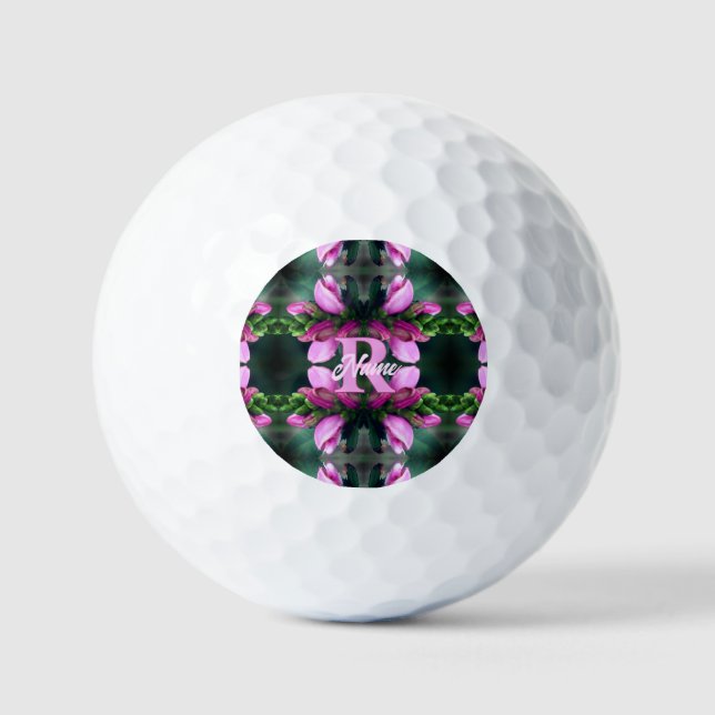 Custom Monogram Initial Name Pink Flower Art Golf Balls (Front)