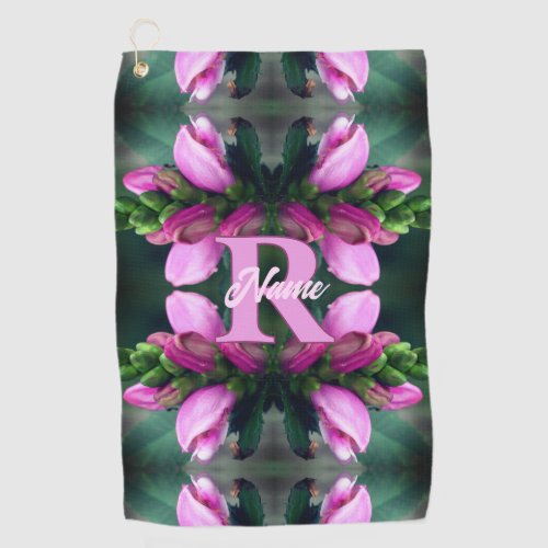 Custom Monogram Initial Name Pink Flower Art Golf Towel