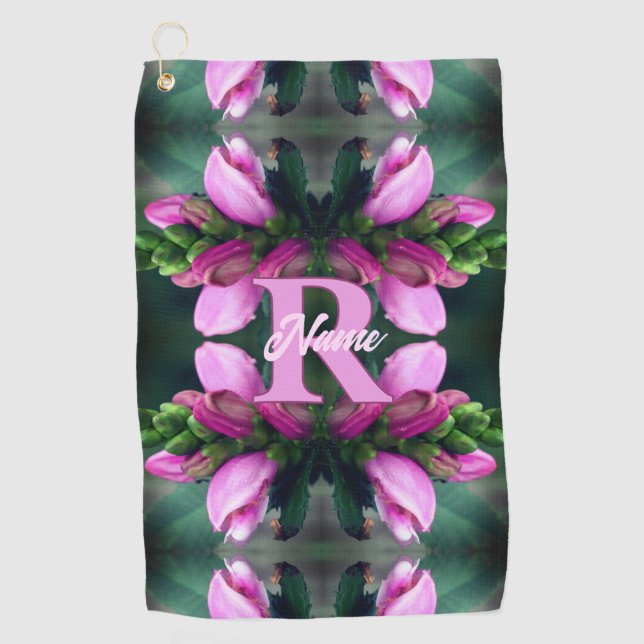 Custom Monogram Initial Name Pink Flower Art Golf Towel (Front)