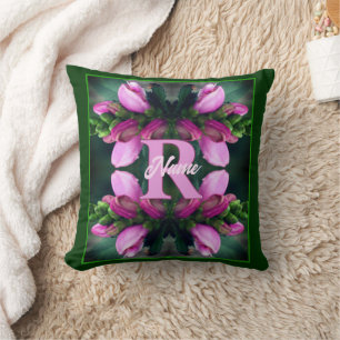 Custom Monogram Initial Name Pink Flower Art Throw Pillow