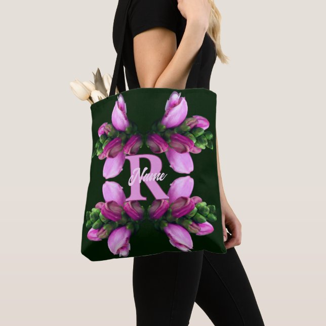 Custom Monogram Initial Name Pink Flower Art Tote Bag (Close Up)