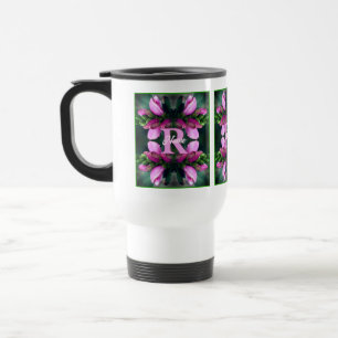 Custom Monogram Initial Name Pink Flower Art Travel Mug