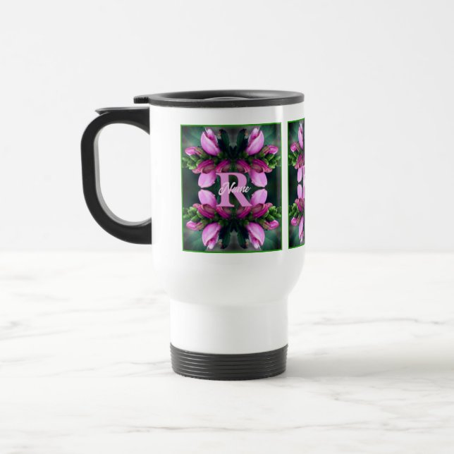 Custom Monogram Initial Name Pink Flower Art Travel Mug (Left)