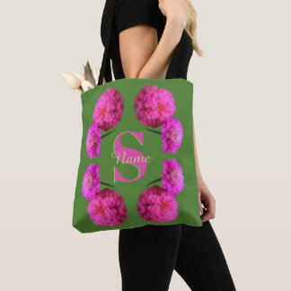 Custom Monogram Initial Name Pink Zinnias Tote Bag