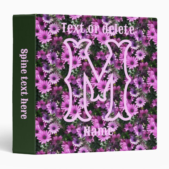 Custom Monogram Initial Name Purple Daisies 3 Ring Binder (Front/Spine)