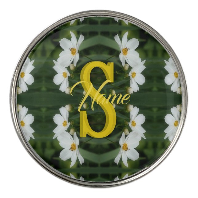 Custom Monogram Initial Name White Daisy Art Golf Ball Marker (Front)
