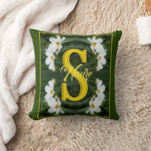 Custom Monogram Initial Name White Daisy Art Throw Pillow
