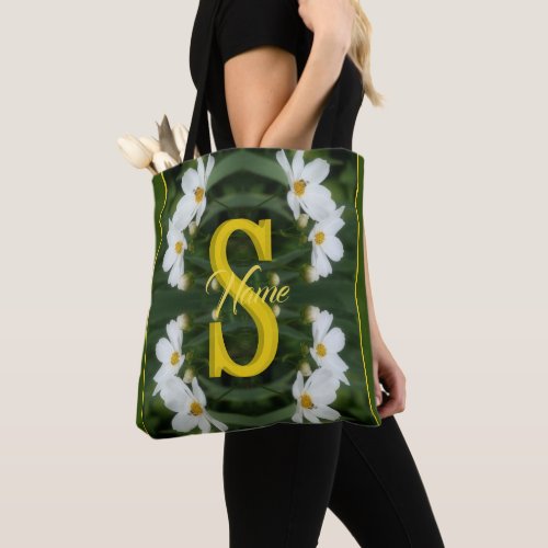Custom Monogram Initial Name White Daisy Art Tote Bag