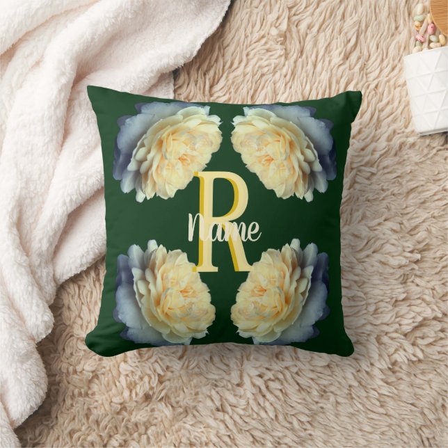 Custom Monogram Initial Name Yellow Roses Throw Pillow (Blanket)