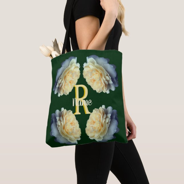 Custom Monogram Initial Name Yellow Roses Tote Bag (Close Up)