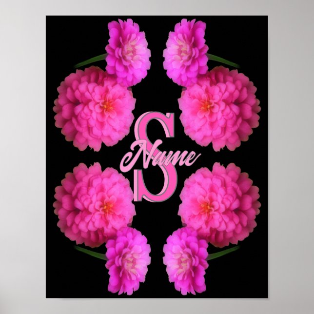 Custom Monogram Initial Name Zinnia Floral Art Poster (Front)