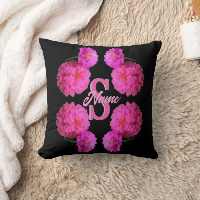 Custom Monogram Initial Name Zinnia Floral Art Throw Pillow (Blanket)