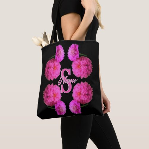 Custom Monogram Initial Name Zinnia Floral Art Tote Bag