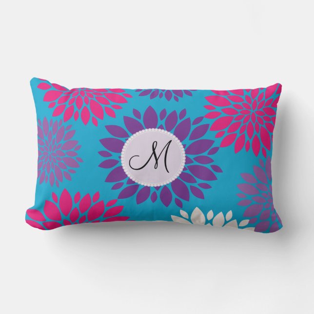 Custom Monogram Initial Pink Purple Flower on Teal Lumbar Pillow (Front)