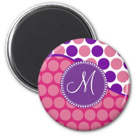 Custom Monogram Initial Pink Purple Polka Dots Magnet