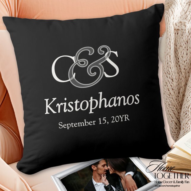 Custom Monogram Initial Script Calligraphy Wedding Throw Pillow (Custom Elegant Script Monogram Ampersand Overlay Effect Newlywed Throw Pillow)