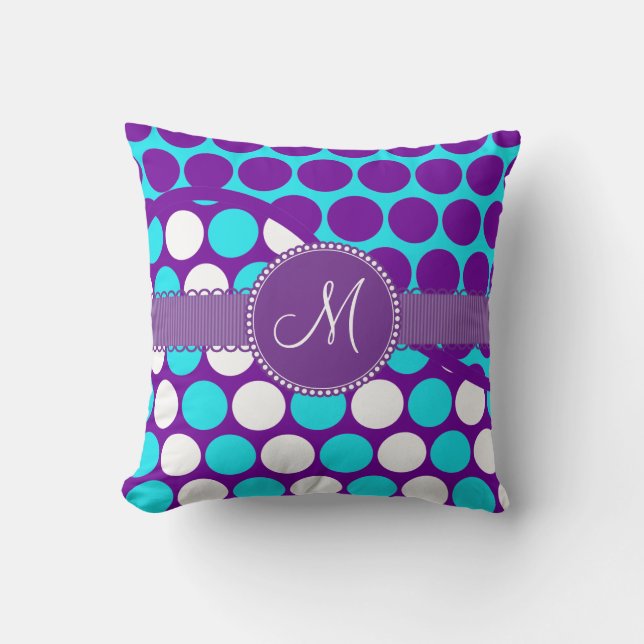 Custom Monogram Initial Teal Purple Polka Dots Throw Pillow (Front)