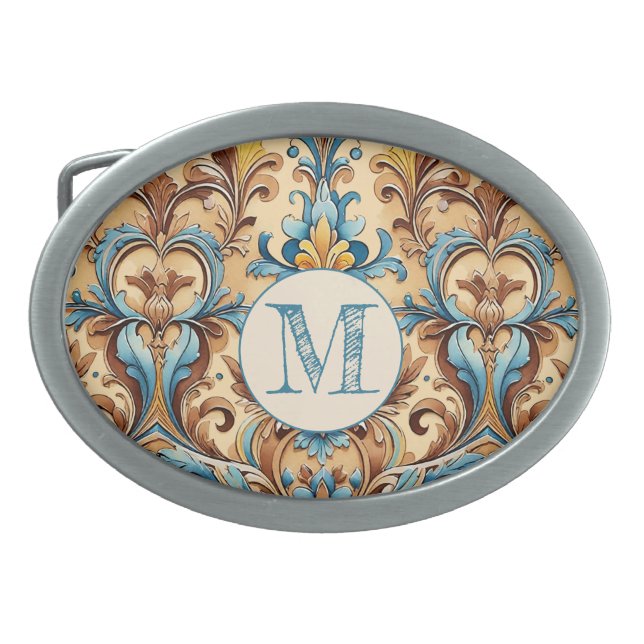 Custom Monogram Initial Western Tan Turquoise Belt Buckle (Front)