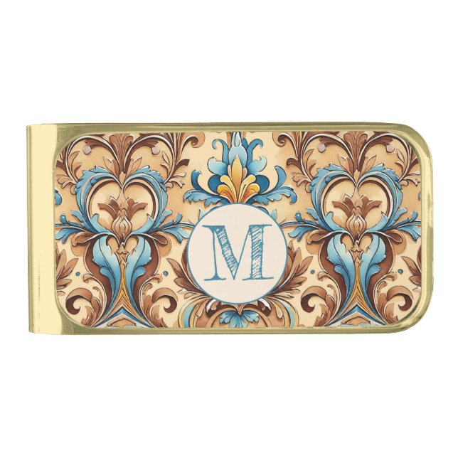 Custom Monogram Initial Western Tan Turquoise Gold Finish Money Clip (Front)