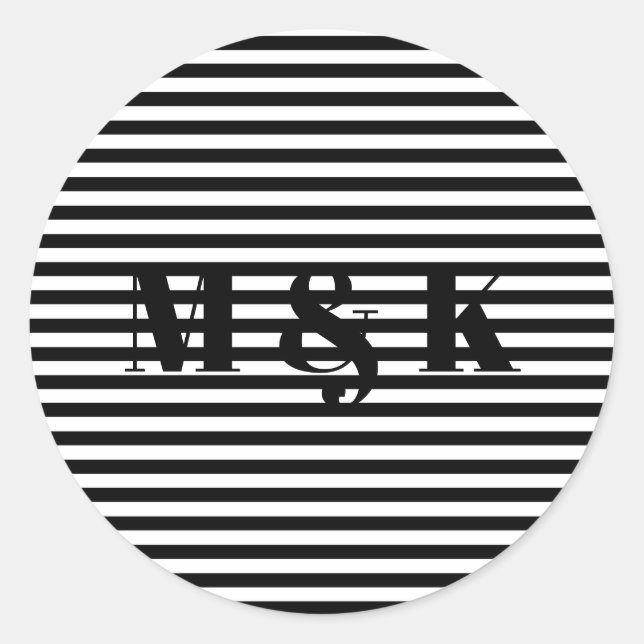 Custom monogram initials black white stripes classic round sticker (Front)
