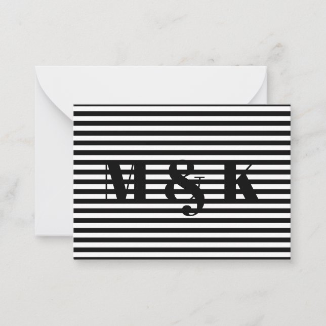 Custom monogram initials black white stripes note card (Front)