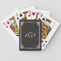 Custom Monogram Initials | Gold Black Leather Playing Cards