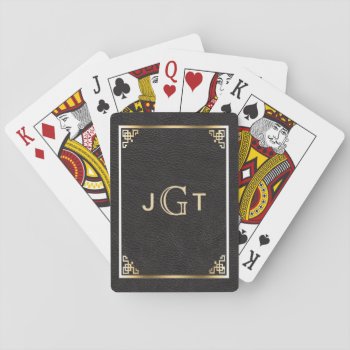Custom Monogram Initials | Gold Black Leather Playing Cards by angela65 at Zazzle