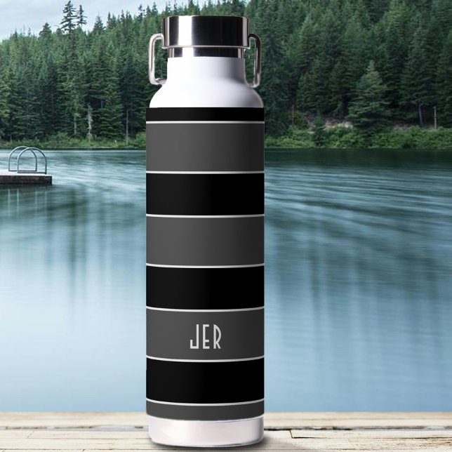 Custom Monogram Initials Modern Stripes Black Gray Water Bottle (Creator Uploaded)