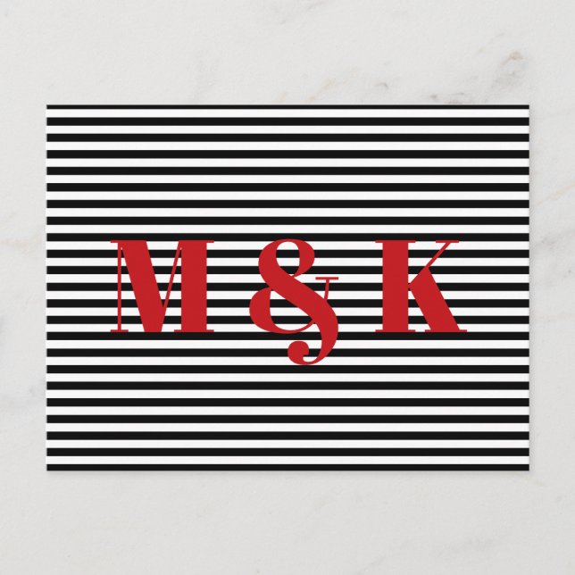 Custom monogram initials red black white stripes postcard (Front)