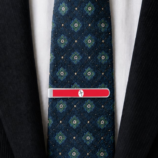 Custom Monogram Initials Red Silver Finish Tie Bar (Custom Monogram Initials Red Silver Finish Tie Bar)
