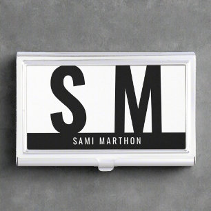 Custom Monogram Initials Script Black & White Business Card Case