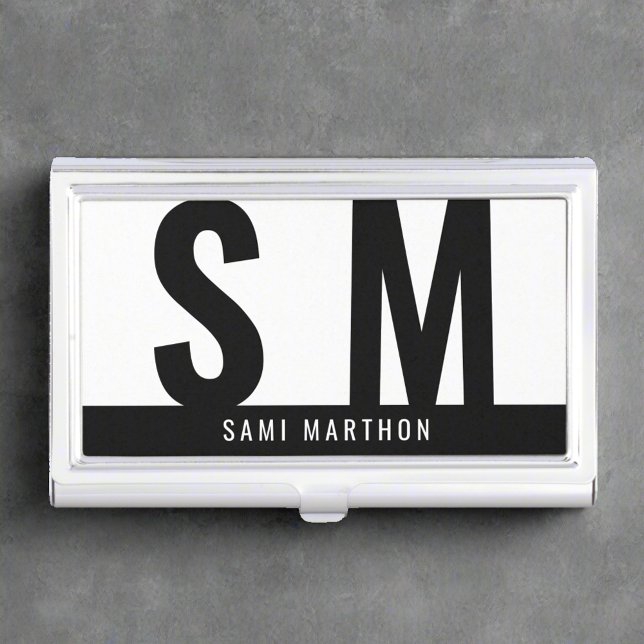 Custom Monogram Initials Script Black & White Business Card Case (Creator Uploaded)
