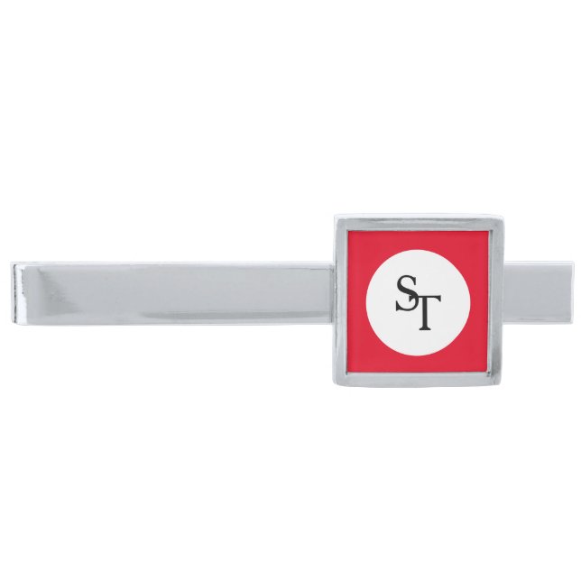 Custom Monogram Initials White Circle Red Square Silver Finish Tie Bar (Front)