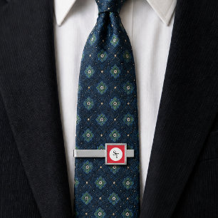 Custom Monogram Initials White Circle Red Square Silver Finish Tie Bar