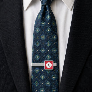 Custom Monogram Initials White Circle Red Square Silver Finish Tie Bar